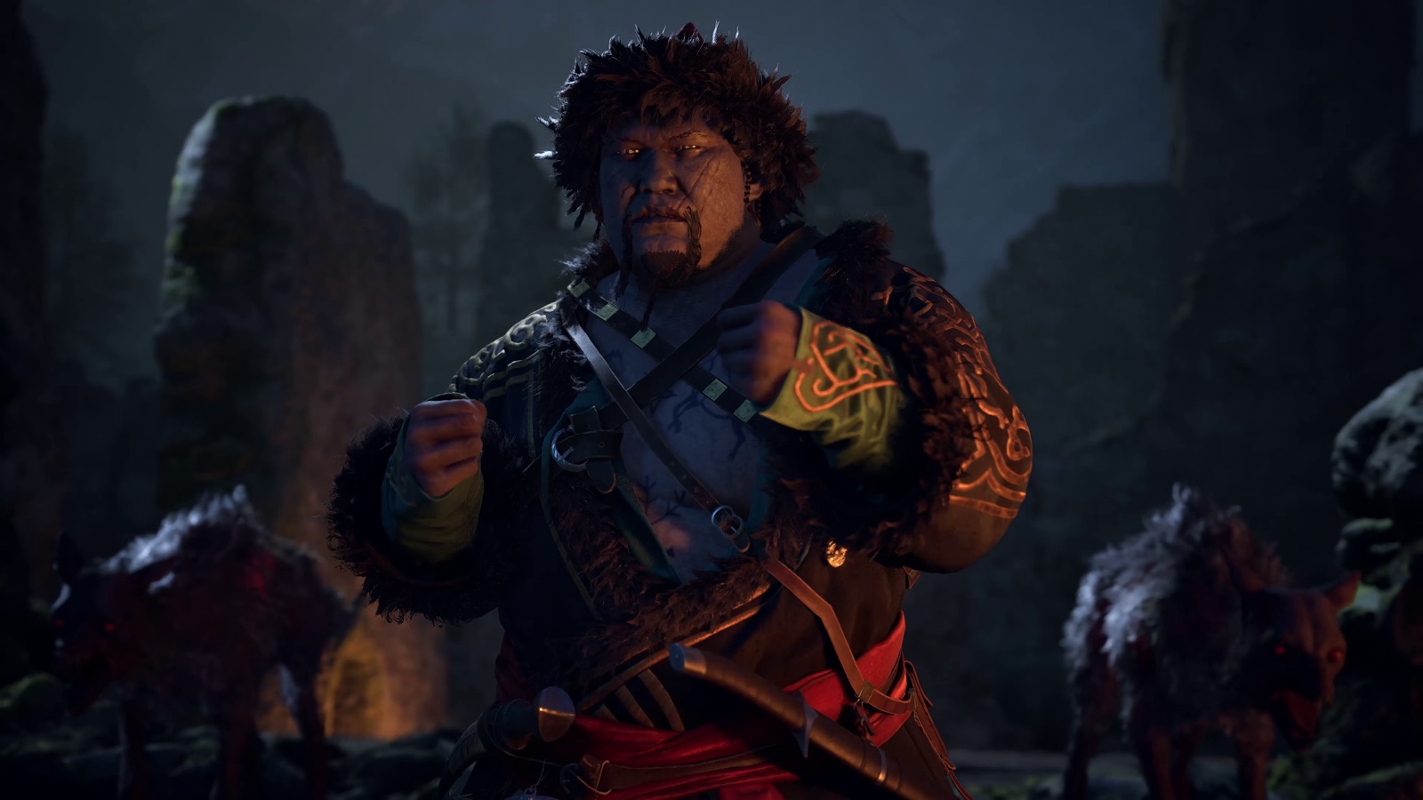 Bakir beside ancient standing stones in an official game image
