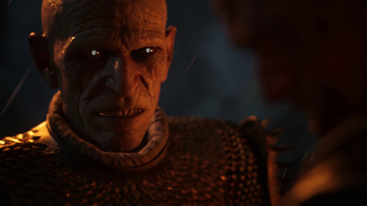 A vampire face lit by warm firelight