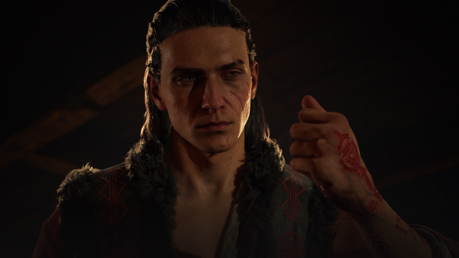 Close portrait of Coen with supernatural markings