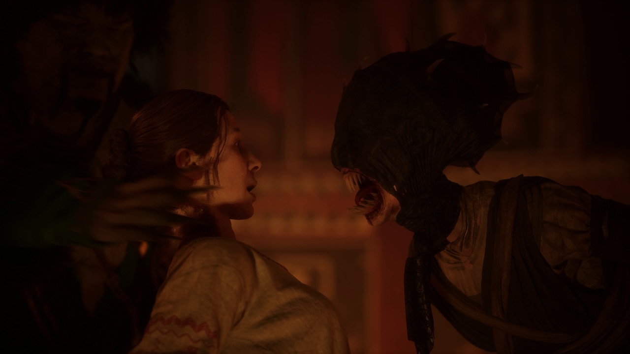 A tense character confrontation in warm firelight